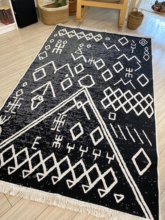 Rug Double Sided Available Washable Scandinavian Series Cotton Woven Rug Black and White (120*180cm)