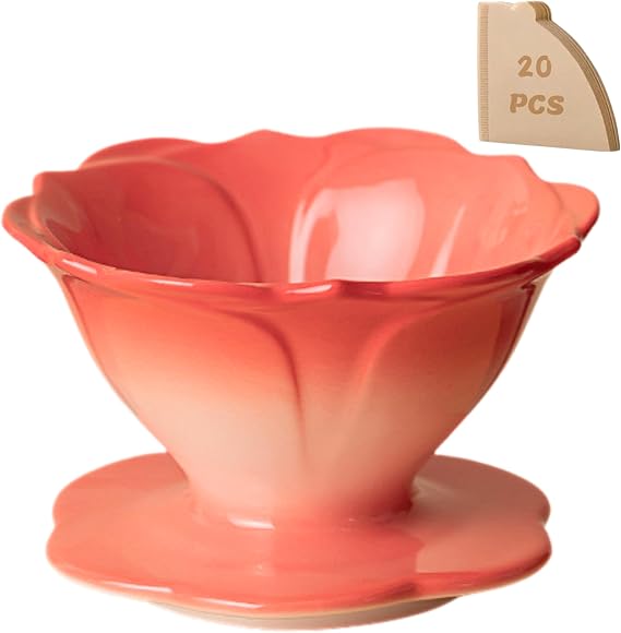 Ceramic Pour Over Coffee Dripper Flower Shape V01 with 20 Filters | Fits most mugs, sturdy quality ceramic, balanced taste coffee brew, 20 V01 filter starter kit, beautiful flower shape