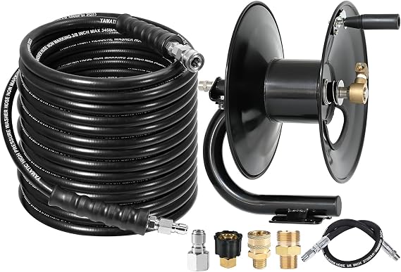 YAMATIC 3/8" Pressure Washer Hose 100FT with Stainless Steel Quick Connector, 5000PSI Rubber Power Washer Replacement Hose & Pressure Washer Hose Reel 100 ft with Jumper Hose 3ft