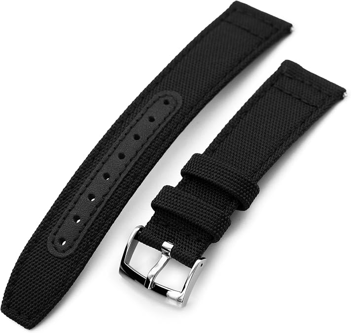 MiLTAT Quick Release 20mm Black Sailcloth Watch Band with leather lining