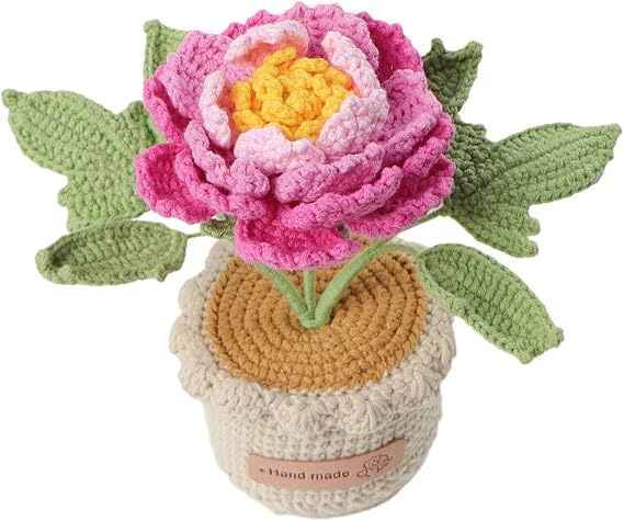 Crochet Peony Flowers Potted Plants Handmade Knitted Crochet Peony Flowers Mini Potted Crochet Peony Flowers Pink Knitting Peony Fake Flowers for Home Office Desk Bedroom Decoration