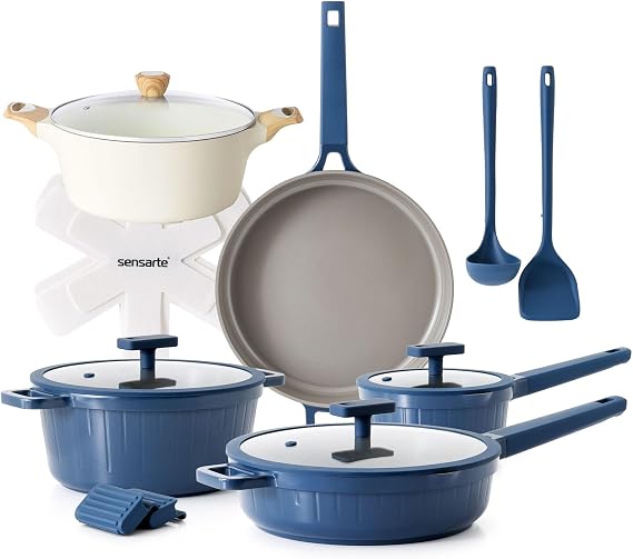 SENSARTE Ceramic Nonstick Cookware Set 15 Piece, includes 2.6 Quarts Ceramic Nonstick Stock Pot with Lid