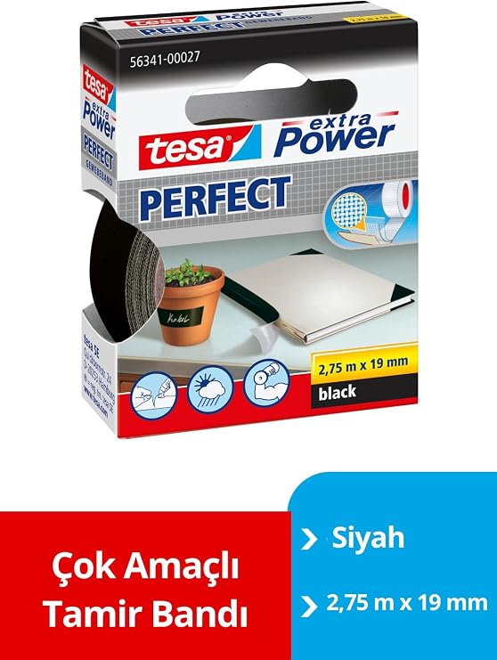 tesa extra Power Perfect woven tape – Handcrafted, reinforced woven Ductape for repair, fixing, reinforcement and writing – Black – 2.75 m x 19 mm