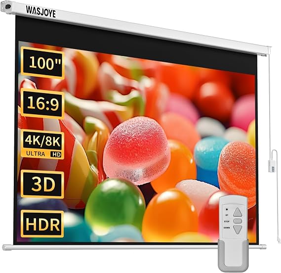 100" Motorized Projector Screen with Dual Side Power Supply- 16:9 HD 8K 3D | Electric Projector Screen Wall/Ceiling Mount with Remote Control - HD Projection Screen for Home Theater Office TV Game