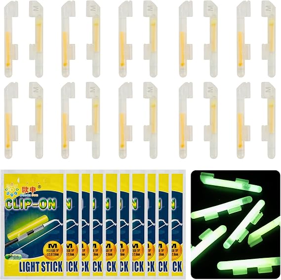 QualyQualy Clip-On Fishing Glow Sticks for Pole, Fishing Rod Tip Light Fishing Pole Light Sticks Bulk Kit 100 Pcs 20 Pcs