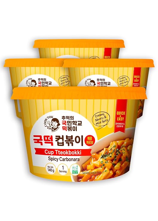 Korean Food Cooktok Cup Tteokbokki Spicy Carbonara Halal Cook Ready, 4 Cups | Halal spicy carbonara cup tteokbokki with chewy rice cakes microwave ready in minutes for quick meals and satisfying snacks