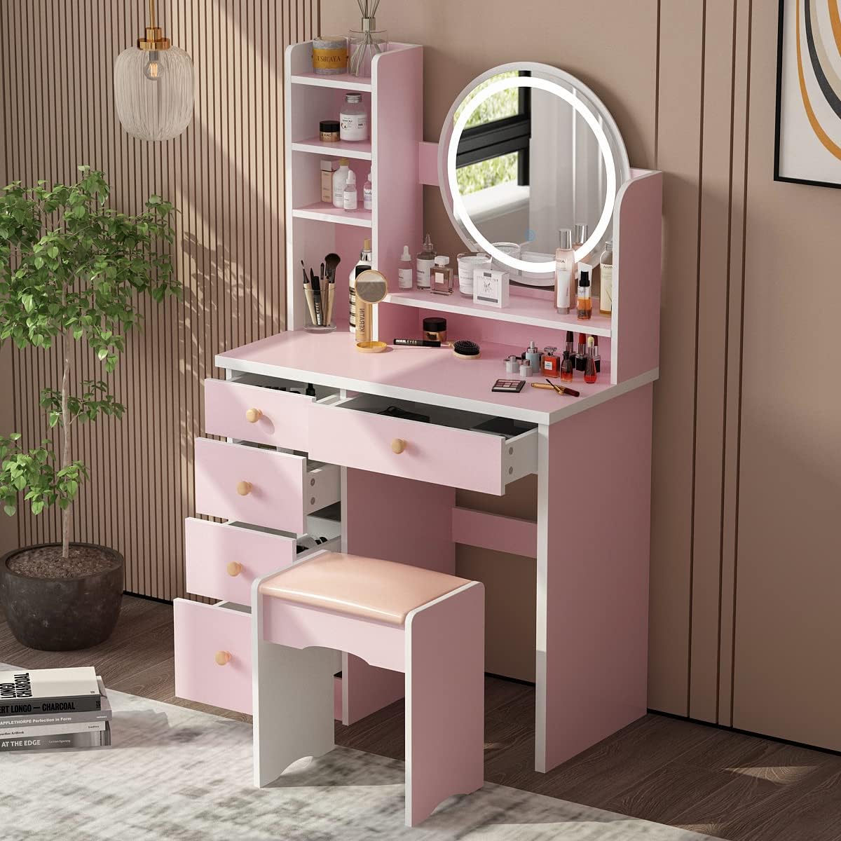 Makeup Vanity Set Dresser Desk with 5 Drawers and Shelves Round Mirror Touch Screen Light Vanity Set with Cushion Stool for Bedroom Pink