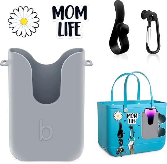 Bogg Bag対応 シリコン製 携帯電話ホルダー ソフトシリコンチャーム インサートアクセサリー Bogg Beach Bag用アタッチメント、ジェネリック&ポータブルサイズ iPhoneおよびAndroid携帯電話用 グレー