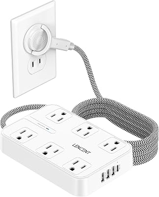 LENCENT 2 Prong Power Strip, 3 to 2 Prong Outlet Adapter, Surge Protector with 10ft Braided Extension Cord with Thin Flat Polarized Plug, 6 AC & 4 USB 1 Type-C, Wall Mount for Non-Grounded Outlet