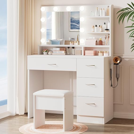 LIVELYGLOW White Makeup Vanity Desk with Charging Station & 4 Drawers