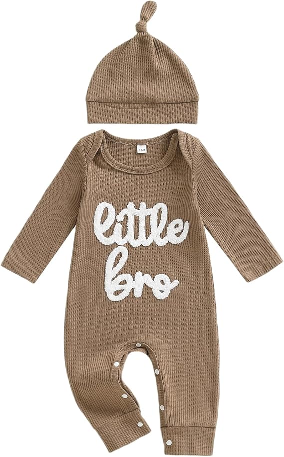 Baby Boy Clothes Little Bro Newborn Outfit Ribbed Knit Long Sleeve Baby Brother Romper Striped Bodysuit with Hat