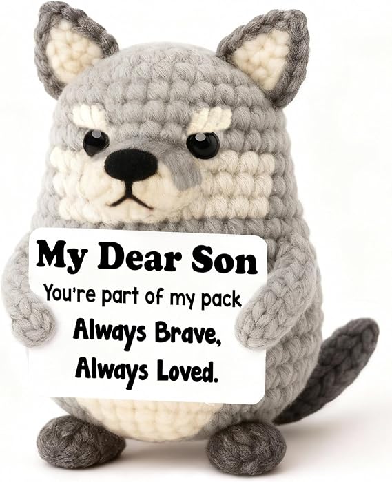 Son Gifts for Teen Boys from Mom Dad Handmade Crochet Wolf Plush, Back to School Graduation Birthday for Teen Boys, Cute Stuffed Animal for College Him Men Adults