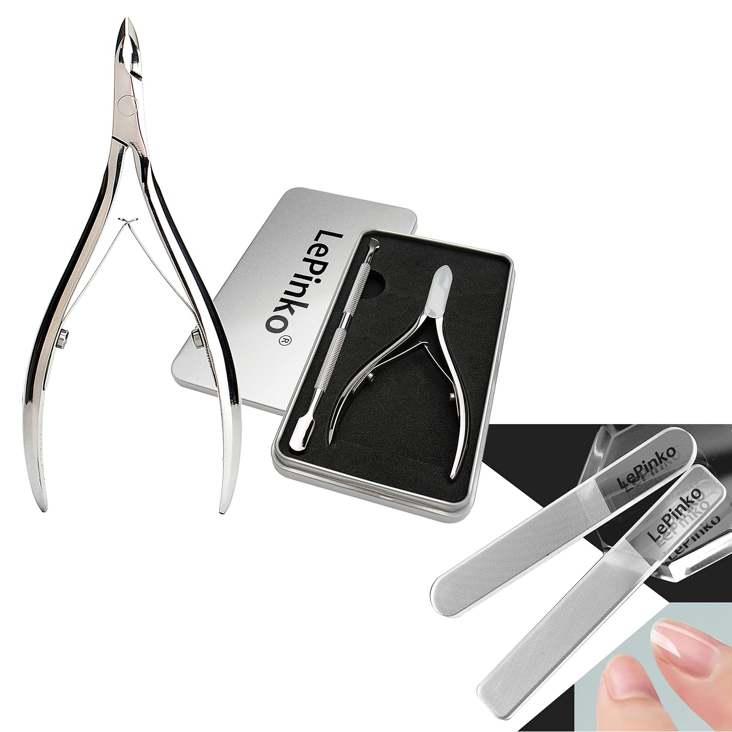 LePinko Salon-Quality Cuticle Trimmer with Cuticle Pusher and Nano Glass Nail Shiner Set