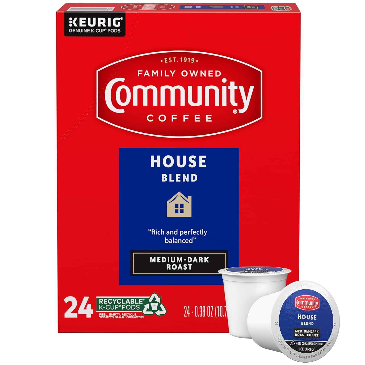 Community Coffee House Blend 24 Count Coffee Pods, Medium Dark Roast, Compatible with Keurig 2.0 K-Cup Brewers, 24 Count Pack of 1