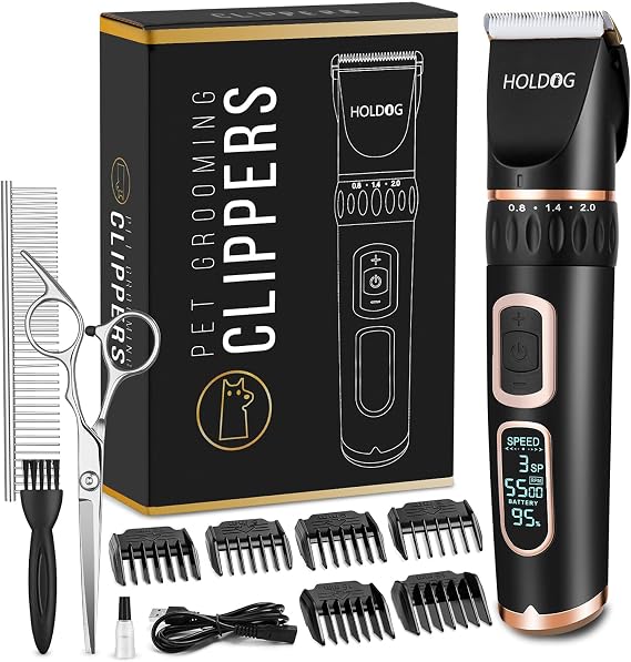 HOLDOG Dog Clippers Professional Heavy Duty Grooming Clipper 3-Speed Low Noise High Power Rechargeable Cordless Pet Tools for Small & Large Dogs Cats Pets with Thick Coats