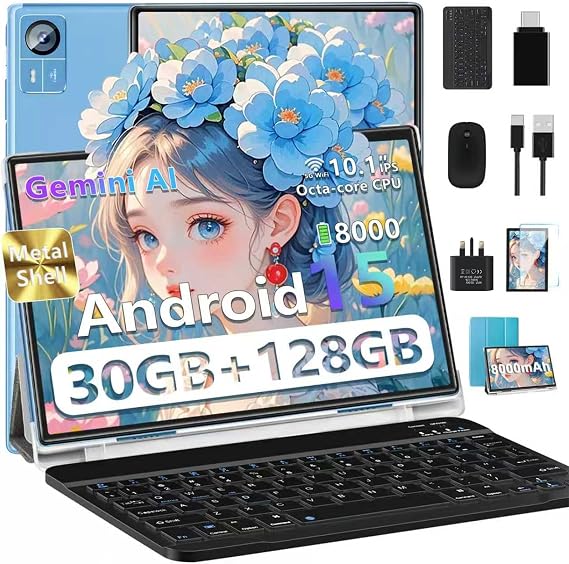 Tablet Android 15 Octa Core 10 Inch 30GB RAM + 128GB ROM (2TB TF) | 5G + 2.4G WiFi | 8000mAh | FHD | Bluetooth 5.0 | GPS | 8MP + 5MP | Type C, Keyboard and Mouse - Blue