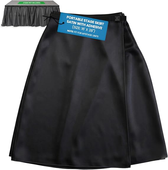 16'x28" Stage Skirt, Satin with Adhesive, Black | For MyStage only. 16' x 28". Hook-and-loop adhesive attaches in seconds, conceals legs & under-stage gear.