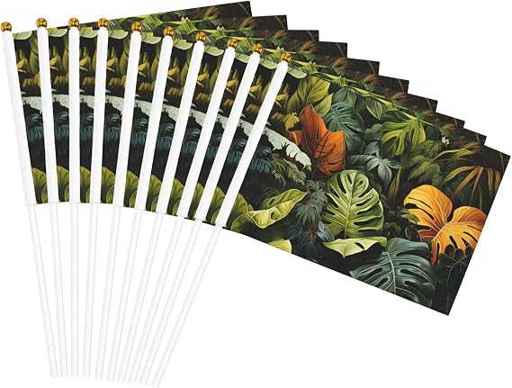 Tropical Rainforest Palm Leaves Double-Sided Hand Waving Flag 14x21cm Ten Piece | Mini Stick Flag for Sports & Party