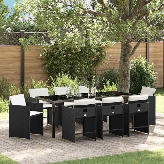 Garden Dining Set with Cushions 9 Pieces Black Poly Rattan, 8 Chairs 1 Table, Weatherproof Garden Furniture Set, Outdoor Lounge Furniture for Balcony and Garden Lounge, Comfortable and