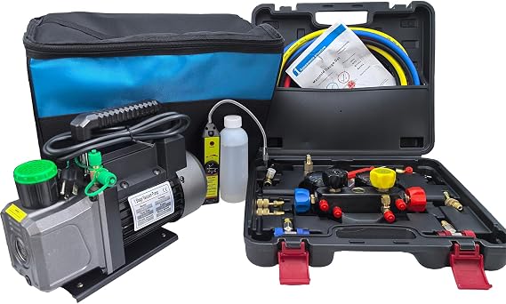 1/3 HP 4.5 CFM 1-Stage HVAC Vacuum Pump and 4 Way AC Manifold Gauge Set with Leak Detector 5ft Hoses & Accessories for R134a R12 R22 R502 R410a Auto Air Conditioning Refrigeration Recharging