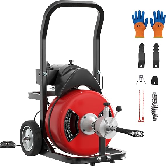 100FT x 1/2" Sewer Snake Cleaning Machine on 4 Wheels, Powerful Electric Drain Auger with Cutters, Air-Activated Foot Switch, Portable Plumbing Tool for 1"-4" Pipes for Home and Professional Use, Red