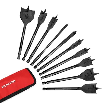 WORKPRO 10-Piece Pro Spade Drill Bit Set- Black Coating, Premium Carbon Steel, Paddle Flat Bits for Woodworking, Assorted Bits 14 to 1-12 with Storage Case