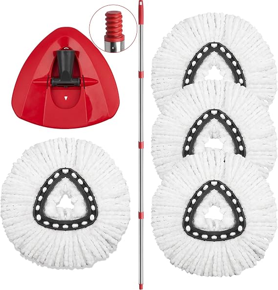 4+2 Pack Spin Mop Replacement Head - Includes 1 Mop Base and 1 Handle EasyWring Mop Refills Compatible with O Cedar Mop Replace Head, Microfiber Mmops for Floor Cleaning for Triangle Spin Mop