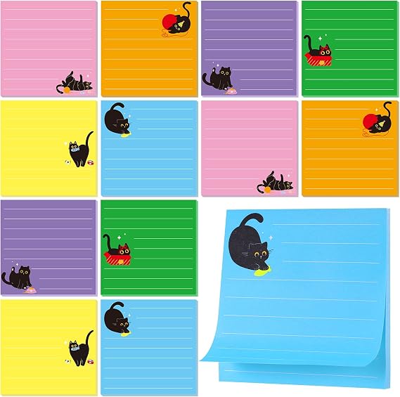 JIANTA 24 Pads Black Cat Sticky Notes, 3 x 3 Inch Lined to Do List Notepads, 6 Colors Cute Self-Stick Memo Pads for Cat Lovers, Office, School Supplies