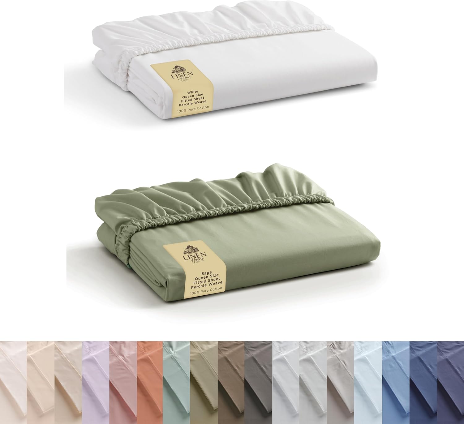 100% Cotton Combo Percale Fitted Sheets Queen Size, White & Sage, 2 Deep Pocket Fitted Sheet, Crisp and Cool Strong Bed Linen, 60X8015"