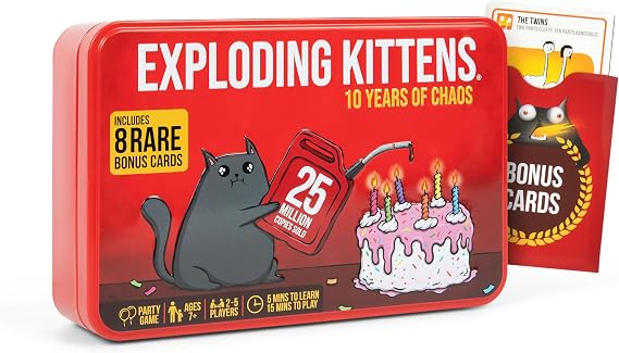 Exploding Kittens 10th Anniversary Collectible Tin 2-5 Players, Ages 7+ | Celebrate 10 years of chaos with Exploding Kittens! Travel ready tin includes core game and 8 unique legacy cards.