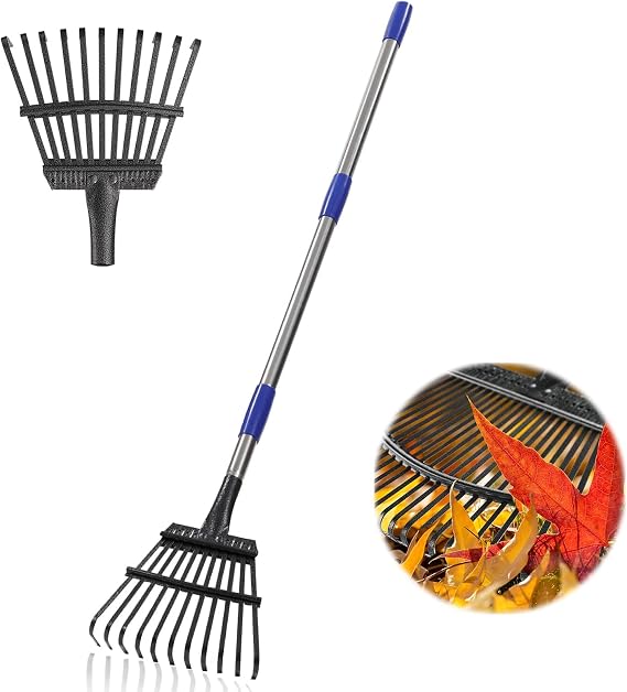 Garden Leaf Rake Heavy Duty,Grass Rakes for Gardening with 11 Metal Tines 21 cm Wide,Upgraded 78 to 182 cm Adjustable Long Handle Garden Tools for Yard Cleanup Lawns Levelling Shrub Garden Beds,Silver