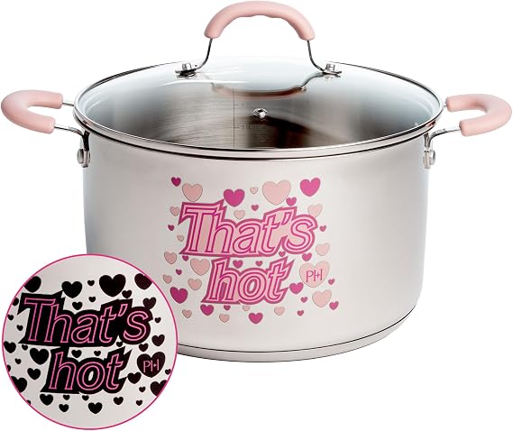 Paris Hilton Stainless Steel Stock Pot with Iconic Color Changing "That's Hot" Heat Indicator Decal, Features Soft Grip Handles and Measure Marks, 8-Quart, Pink