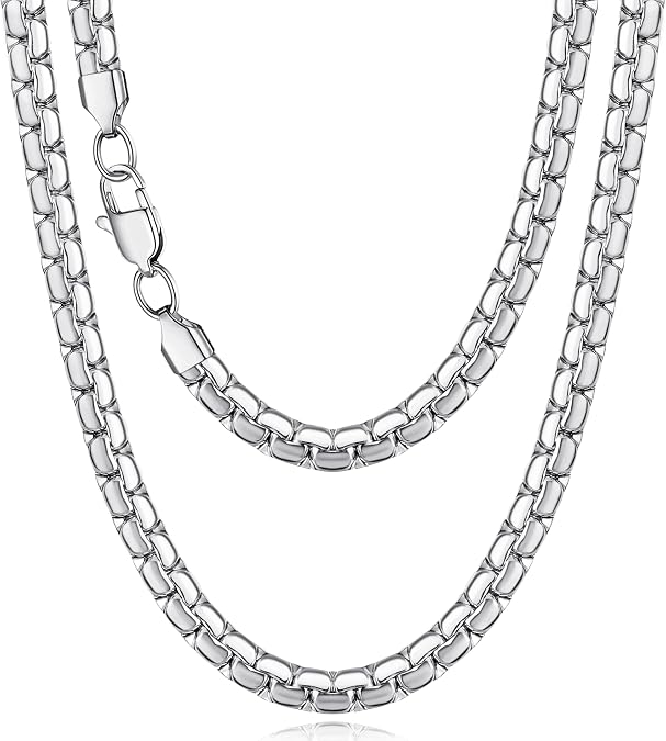 Jewlpire 4mm 5mm Silver Tone/Black/18K Gold Plated Flat Link Chain Necklace for Men, Stainless Steel Chains for Men, Hypoallergenic Men's Chain Necklace 16 18 20 22 24 26 Inch