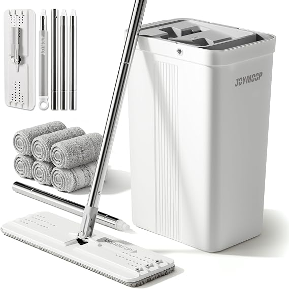 JOYMOOP Mops and Bucket with Wringer Set with 61" Mop Handle with Flexible 13" Flat Head with Flat Mop