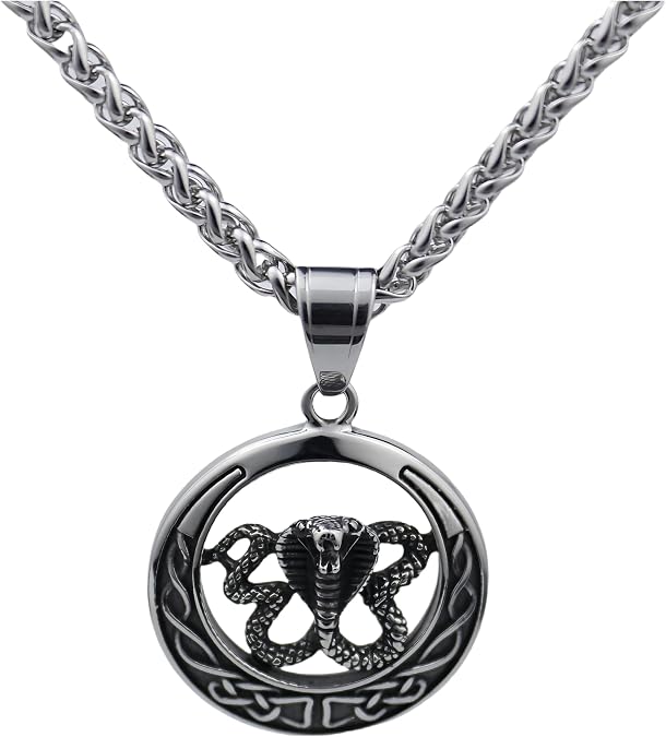 Men's Stainless Steel Python Cobra Pendant Necklace Vintage Steel Gothic Style Gift Box Set 24 inches (YXS)