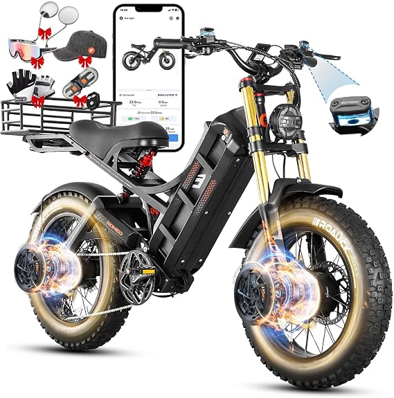 eAhora Romeo Pro 3 Electric Bike - [2026 Latest] 52MPH 6000W Dual Motor 60V 80AH 300Miles Long Range Ebike for Adults, 26" * 4.0 Fat Tire Fast Electric Mountain Bike Full Suspension Off-Road E-Bike
