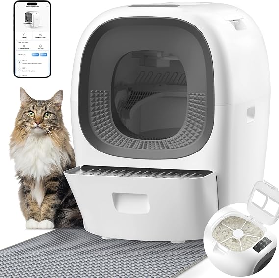 Self-Cleaning Litter Box 80L Auto Refill Self-Refilling Robot Automatic for Multiple Cats(3-20lb), Rake Design ScoopFree, 6 x Safety Sensors, Anti-Leakage, Odor Control, 5G WiFi App