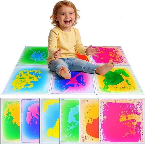 Liquid Sensory Floor Tiles 30x30cm, 6‑Pack Matte Sensory Mats for Kids | UKCA CE EN71 Certified｜Durable PVC Leakproof Liquid Sensory Mats｜Anti‑Slip Base｜Matte Mixed‑Colour for Kids Sensory Play