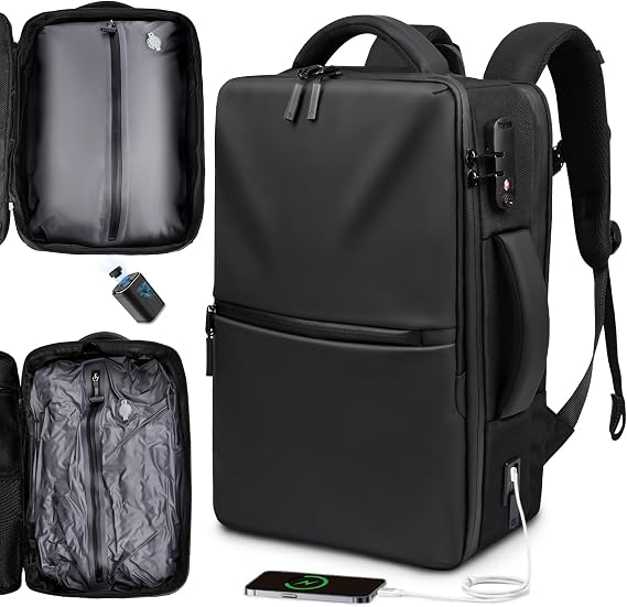 Zurligi Vacuum Travel Backpack with Mini Pump, 40-70L Expandable Carry-on | Water-resistant Compression Seal Backpack with TSA Lock, USB Port, Airtight Zippers, with Padded Compartment for 19 Laptops
