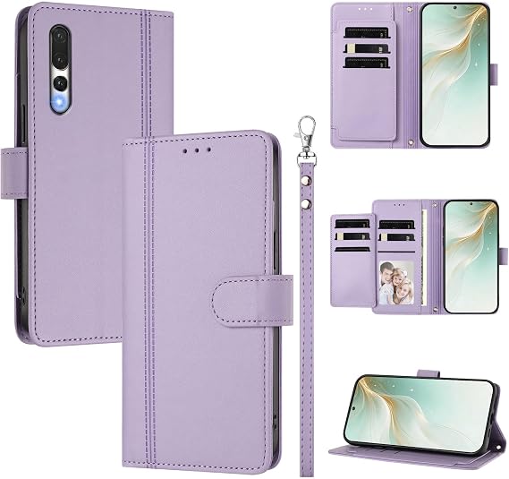 Compatible with Huawei P20 Pro Flip-Kickstand-Magnetic Dual-Slot Lanyard Case Purple
