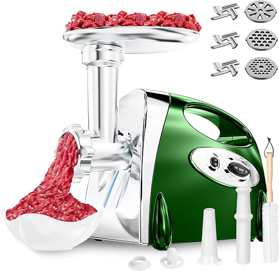 Electric Meat Grinder: [3000W Superior Motor] Meat Grinder with 6 PCS Stainless Steel Blades & Grinding Plates, Sausage Stuffer Tubes & Kubbe Kit Portable Handle for Gift (Green)