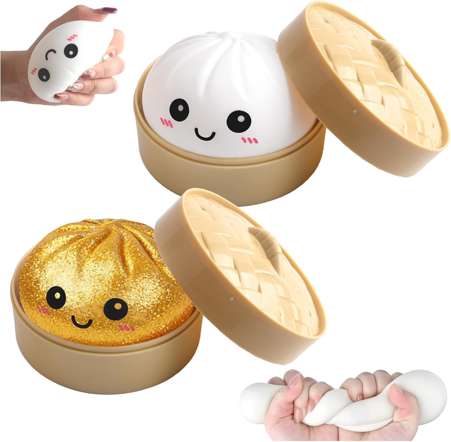 Giant Glitter Dumpling Squishy,Dumpling Squishy Stress Balls,Squishy Dumplings Toy with Steamer Box,Soft Squeeze Dumplings Squishys,Cute Soft Glitter Calming for Stress Relief,Boys Girls GoldWhite