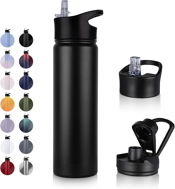Stainless Steel Drinking Bottle – 750 ml – with Straw Leak-Proof Suitable for Carbonated Drinks BPA-Free Thermos Bottle (+ 2 Lids) Vacuum Double Wall Insulation for Sports Travel Camping School Bicycle Gym