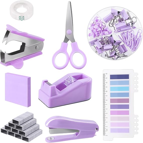 Glarks 1008pcs Purple Office Supplies Kit Desk Accessories Include Stapler, Tape Dispenser, Stapler Remover, Index Tabs, Office Scissor, Sticky Notes for Students or Gift