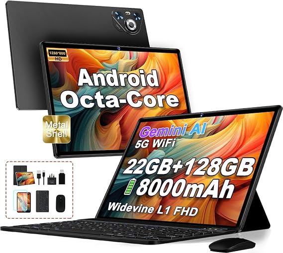 Tablets 10 Inch Android Octa Core 22GB RAM + 128GB ROM (2TB TF) | 5G + 2.4G WiFi | GPS| FHD | Bluetooth 5.0 | 8000mAh | 8MP + 5MP | Type C, Keyboard and Mouse-Gray