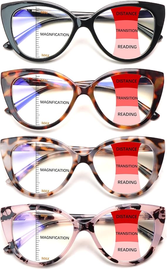 Progressive Multifocus Reading Glasses for Women Blue Light Blocking Spring Hinge Computer Multifocal Cat Eye Readers