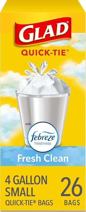 Glad Small Trash Bags 4 Gallon, Febreze Fresh Clean Garbage Bags, Odor Resistant with Quick Tie, 26 Count