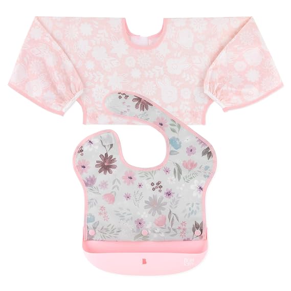 Bumkins Silicone Bibs for Girl or Boy, Baby and Toddler 6-24 Mos, Essential Must Have for Eating, Feeding, Combination Fabric SuperBib and Long Sleeve with Attachable Pocket Food Catcher, Floral Gray