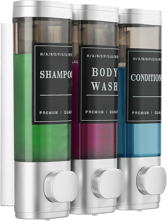 Shampoo and Conditioner Dispenser,Shower Dispenser 3 Chamber No Drill Wall-Mounted Shampoo Dispenser for Shower Wall Mounted Shower Soap Dispenser for Bathroom Hotel Large Capacity,Silver