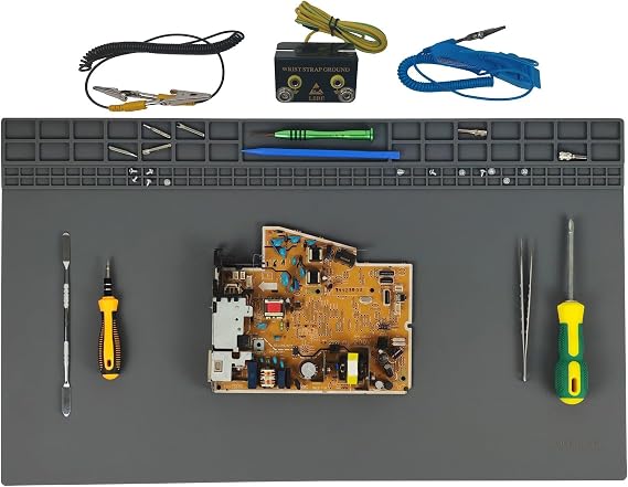 23.7'' x 13.8'' Extra Large Soldering Mat with ESD Wrist Strap & Ground Cord, 932°F Heat Resistant Silicone Solder Mat, Large Repair Work Mat for Electronic, Cellphone, Laptop Repair (Grey)